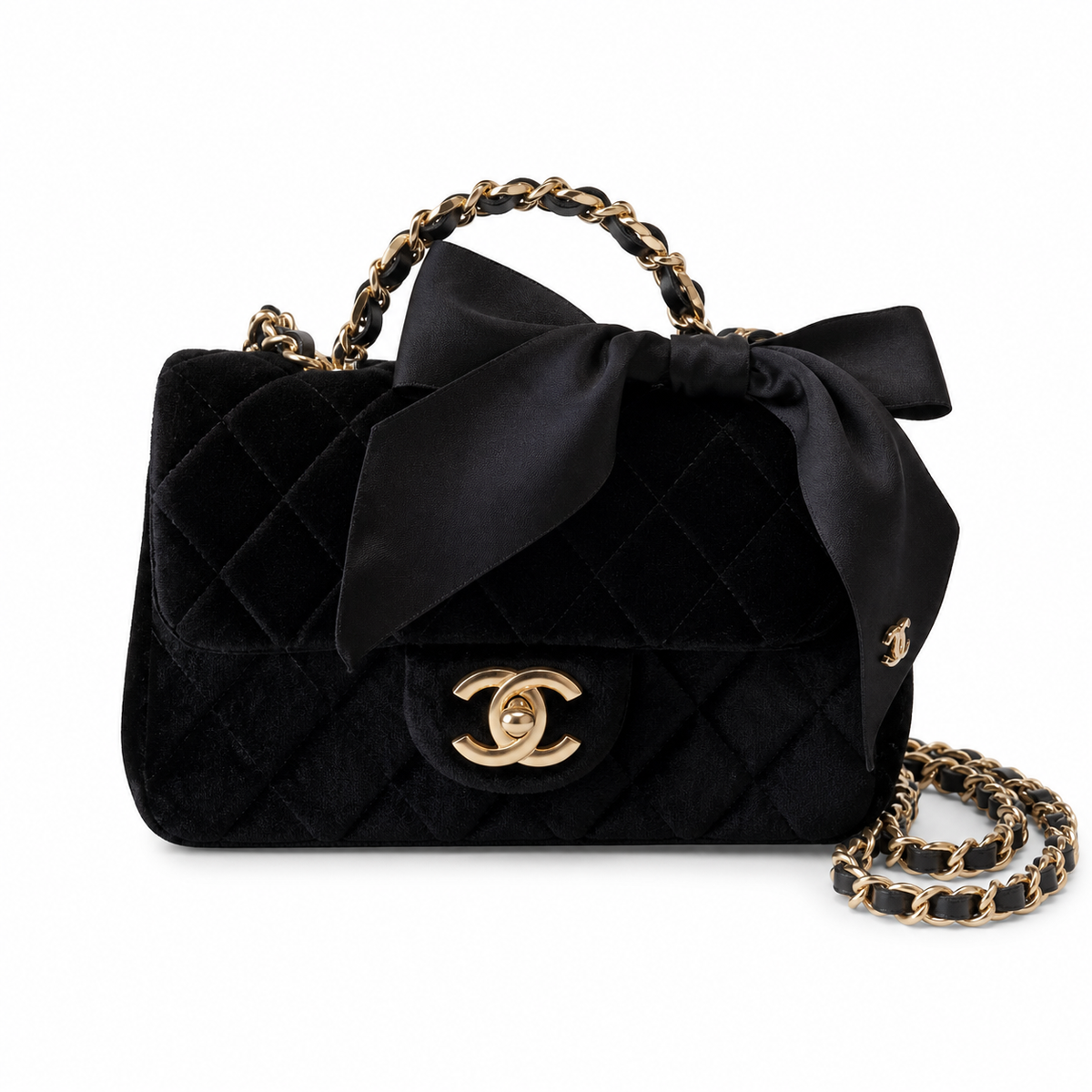 Chanel Quilted Flap Bag Black Velvet | Oversized Matte Gold CC Turn-Lock — 20cm
