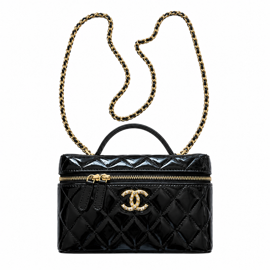 Chanel Pearl & Camellia CC Vanity Pouch Black Patent | Jewelled Gold CC & Chain — 19cm