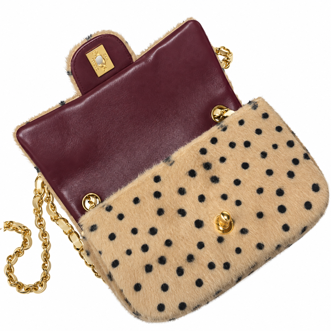 Chanel Polka Dot Shearling Mini Classic Flap Bag Beige Black 20cm