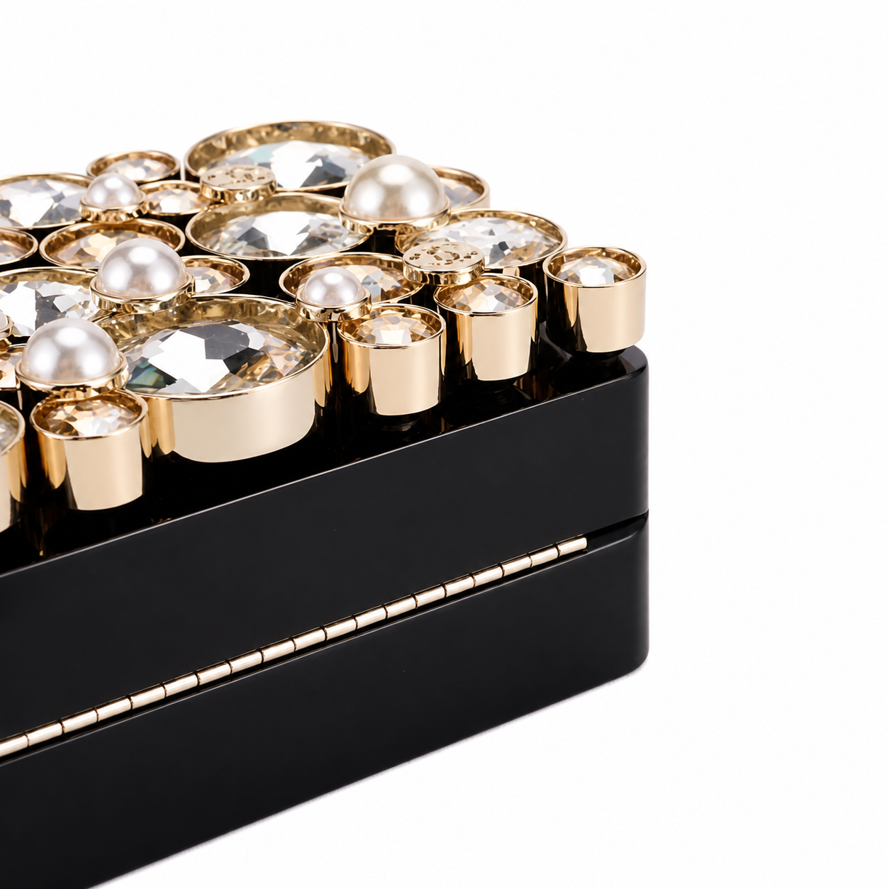 Chanel CC Crystal & Pearl Box Clutch | Black Lacquer & Gold Chain — 16cm