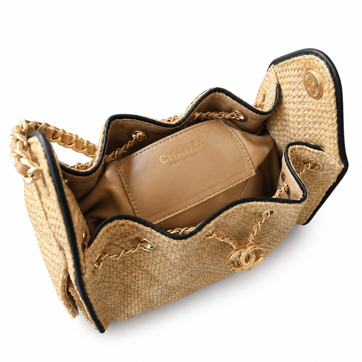 Chanel Raffia Drawstring Bucket Bag Natural Beige | Oversized Gold CC Medallion — 22cm