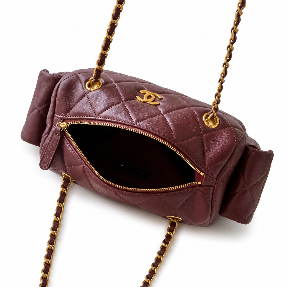 Chanel Deep Burgundy Lambskin Square-Quilt Camera Bag | Antique Gold CC, Side Pockets & Double Chain with Leather Strap