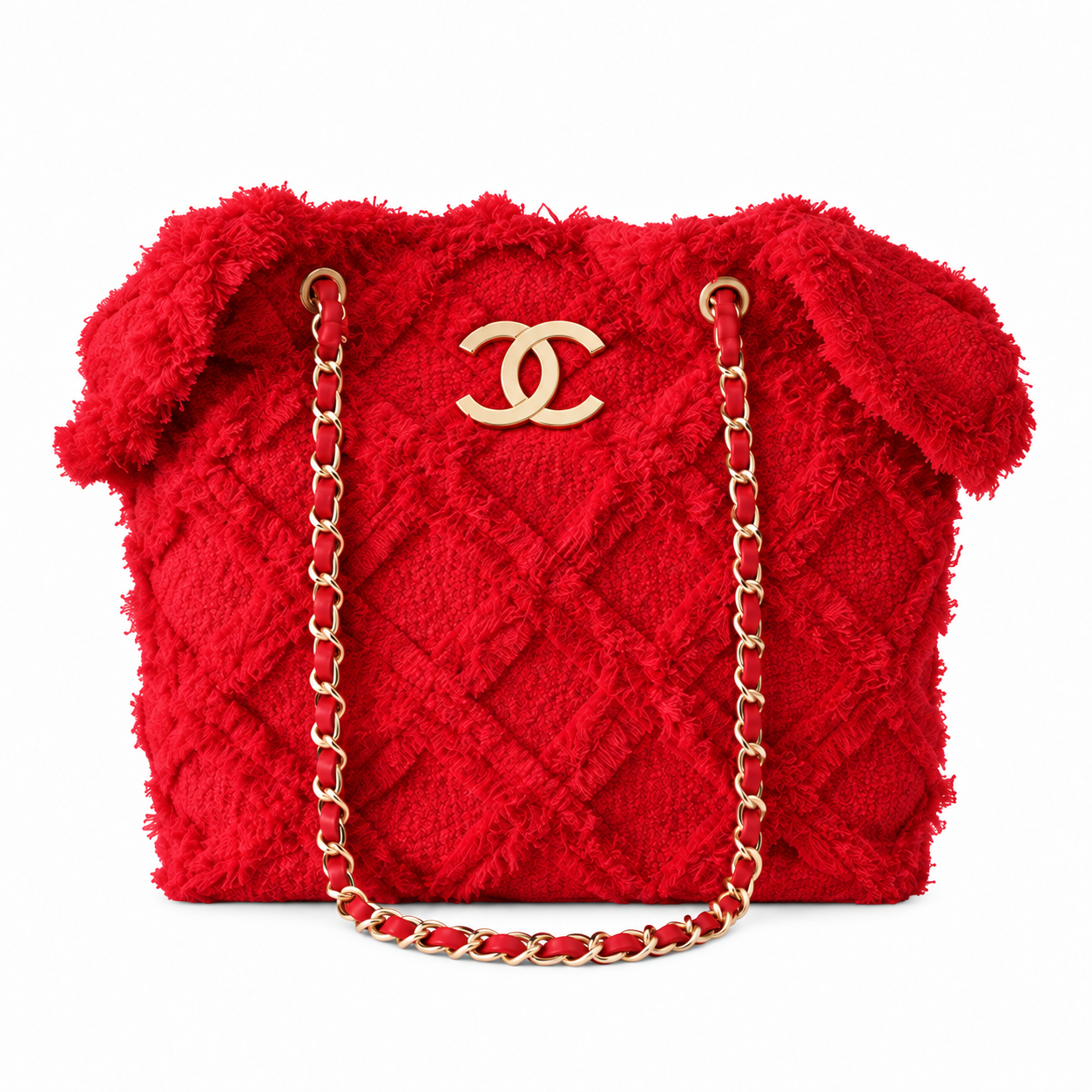 Chanel Large Quilted Fringe Tweed Tote Bag Red Gold 48cm