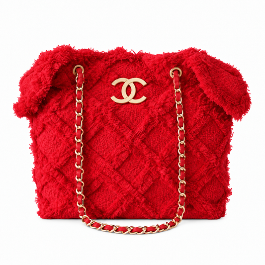 Chanel Large Quilted Fringe Tweed Tote Bag Red Gold 48cm