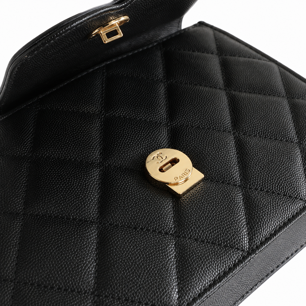 Chanel Black Aged Caviar Quilted Flap Bag | Oversized CC Logo, Top Handle & Gold Chain