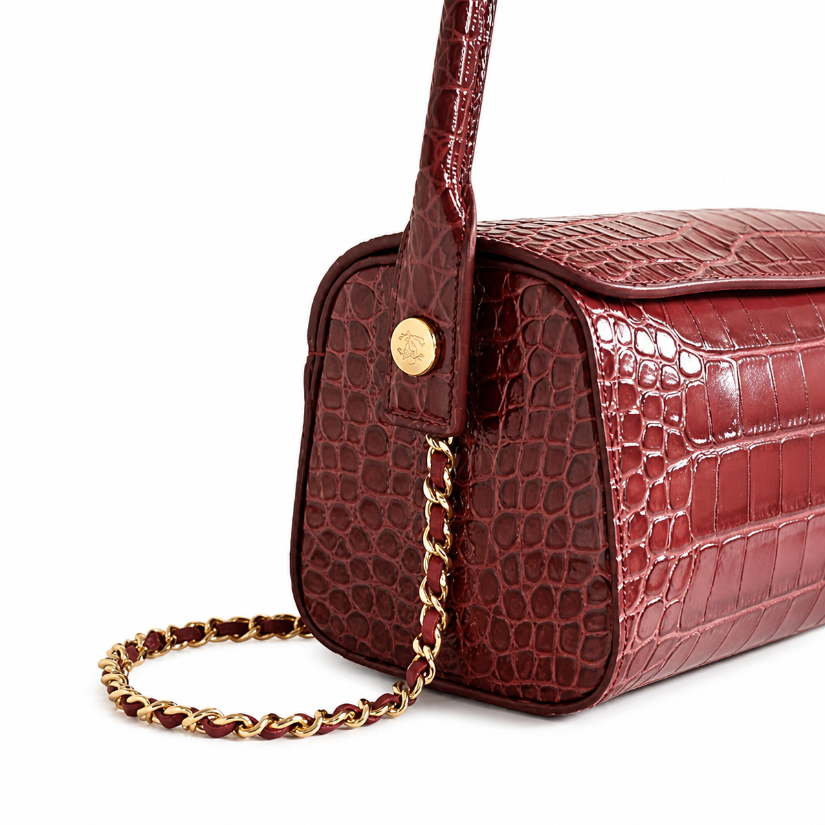Chanel CC Croc-Embossed Cylindrical Flap Bag | Burgundy & Gold — 23cm