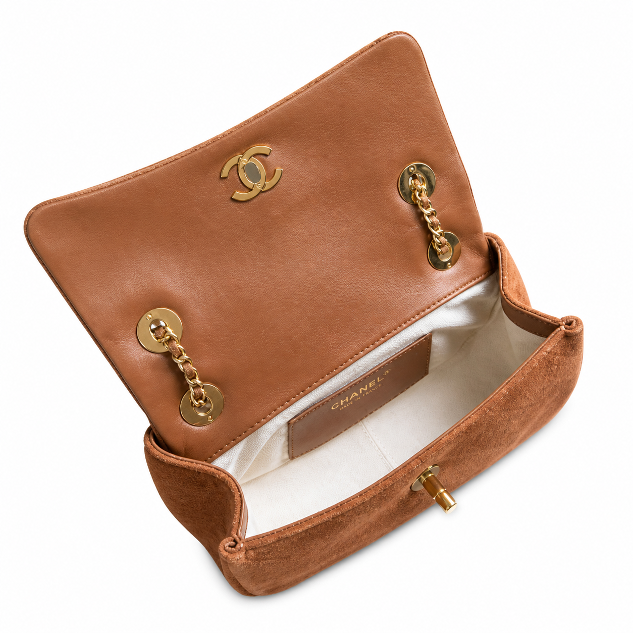 Chanel Camel Quilted Suede Single Flap | Gold Square Push-Lock & CC Clips — 22cm