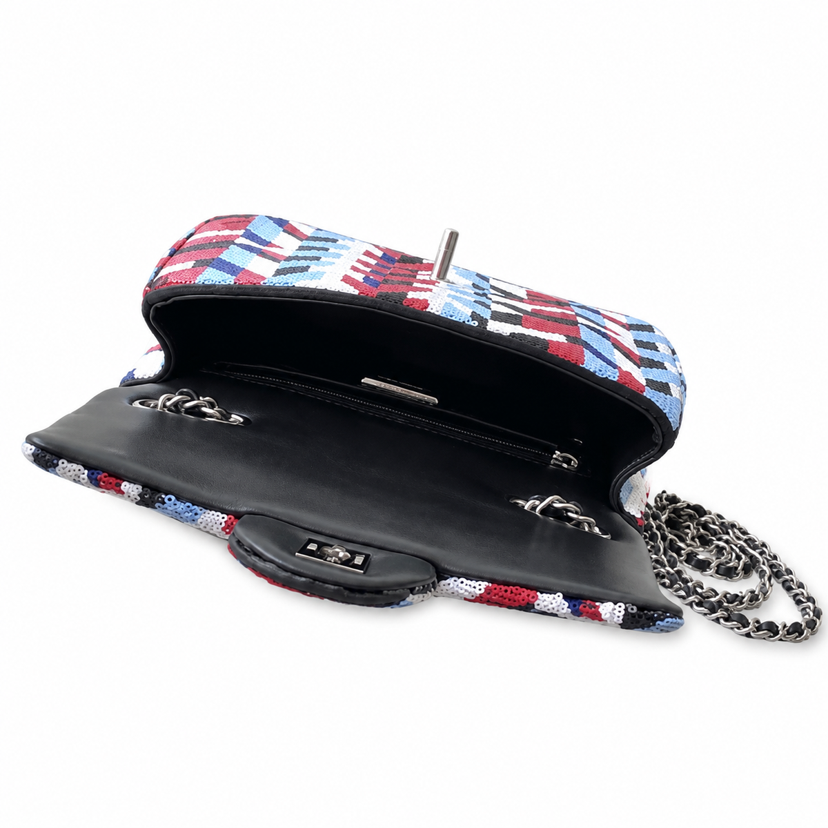 Chanel Oversized Chevron Sequin Flap Bag | Sky Blue, Red, Black & Navy Wrap-Around, Silver Ball CC & Navy Chain