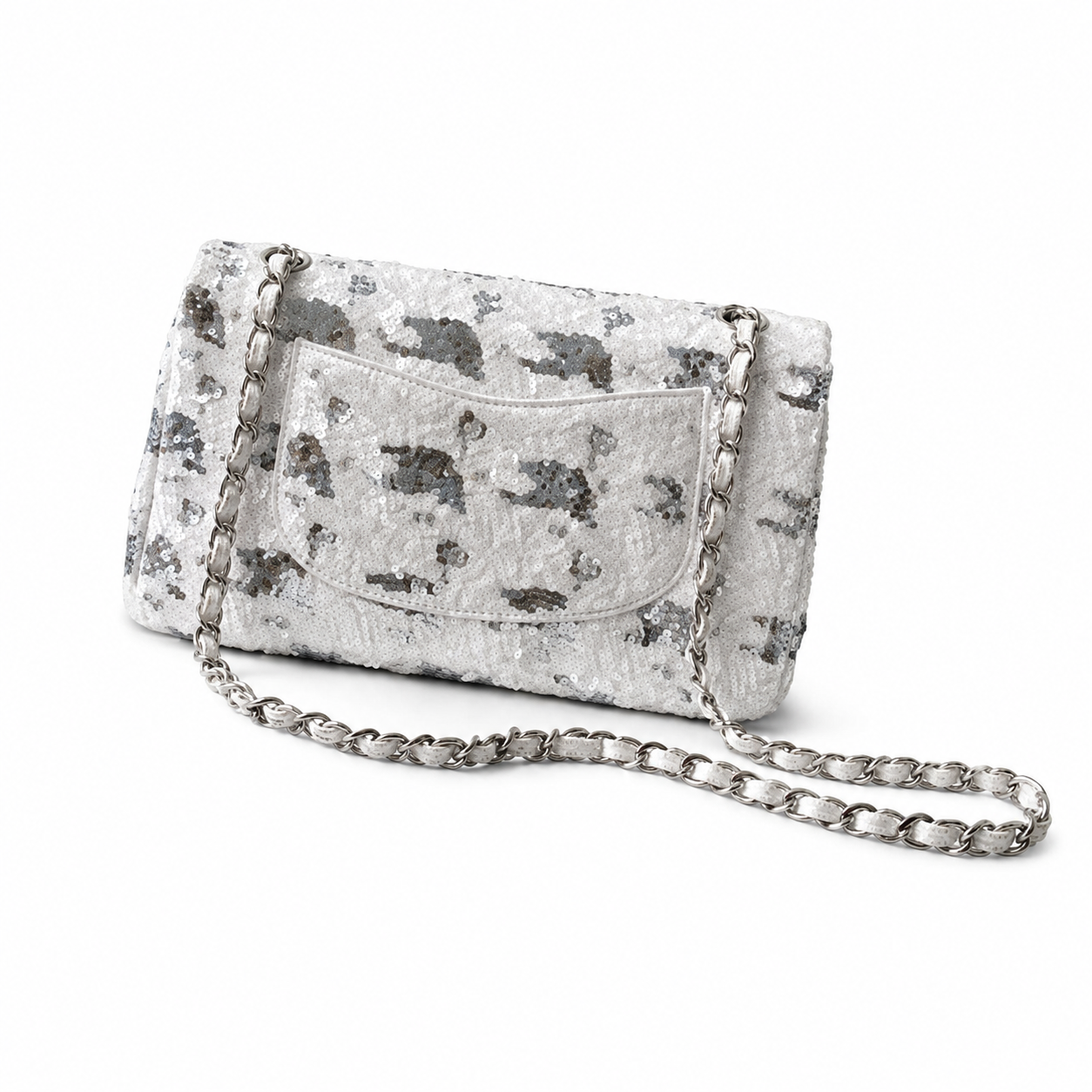 Chanel White & Silver Sequin Leopard Classic Flap Bag