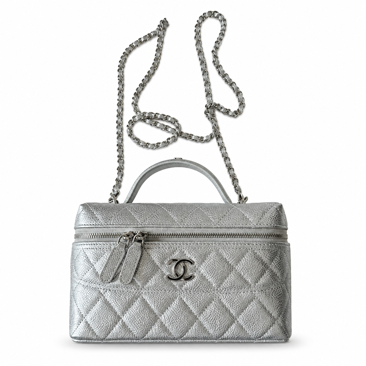 Chanel Silver Metallic Quilted Caviar Vanity Box Bag | Top Handle & Silver Chain