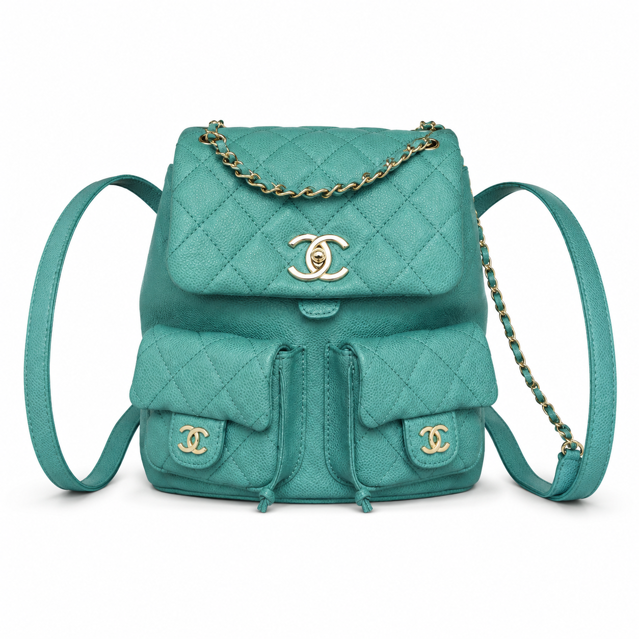 Chanel Duma Caviar Backpack | CC Turn-Lock Gold Chain Teal Green — 20.5x20cm