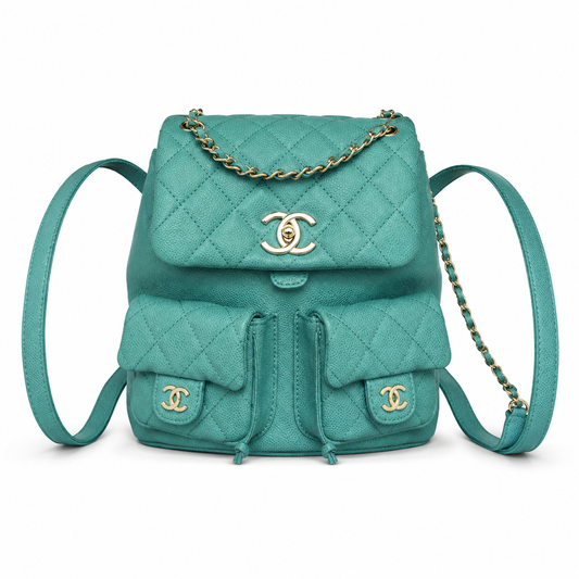 Chanel Duma Caviar Backpack | CC Turn-Lock Gold Chain Teal Green — 20.5x20cm