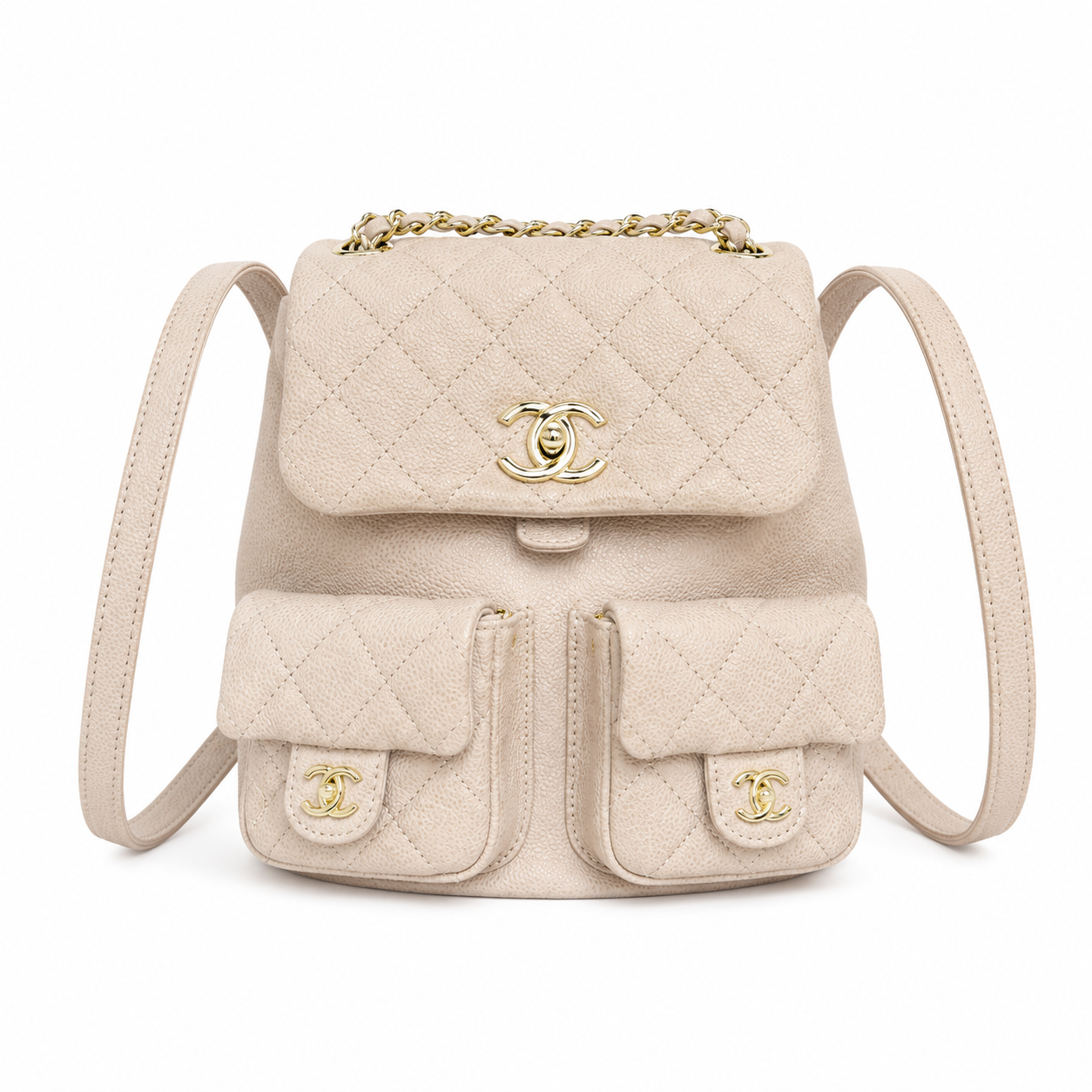 Chanel Duma Caviar Backpack | CC Turn-Lock Gold Chain Ivory Beige — 20.5x20cm