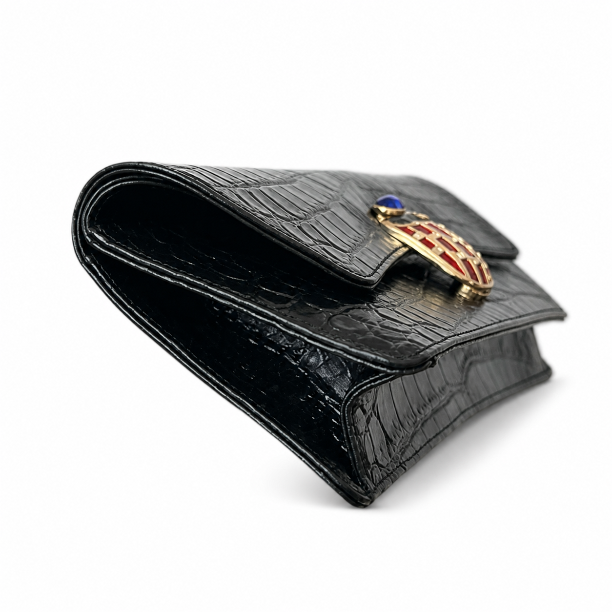 Chanel Black Croc-Embossed Evening Clutch | Jeweled Scarab CC — Blue Lapis & Red Enamel — 30cm