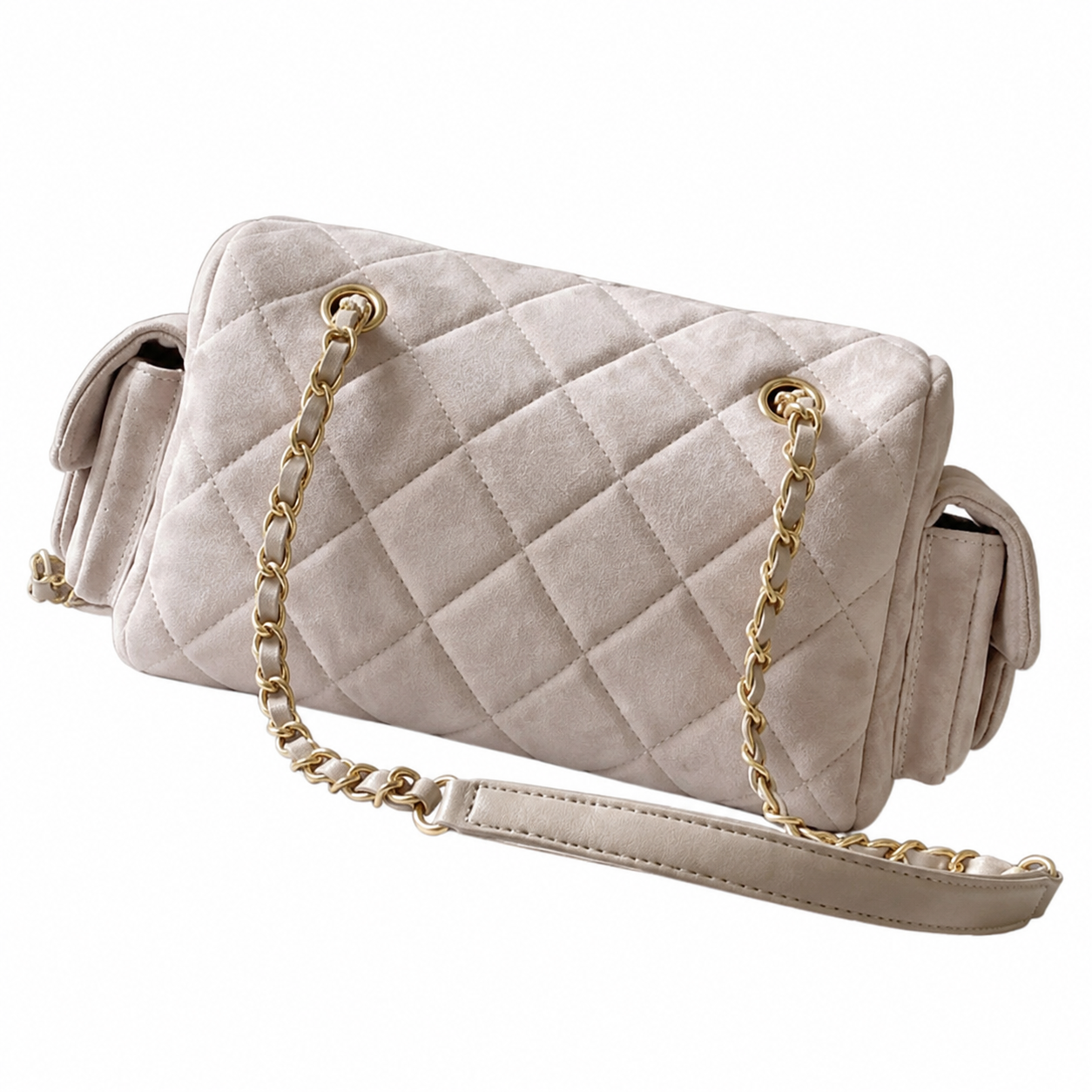 Chanel Ivory Suede Quilted Camera Bag | Gold CC, Leather Base with Dome Feet, Side Pockets & Tonal Double Chain