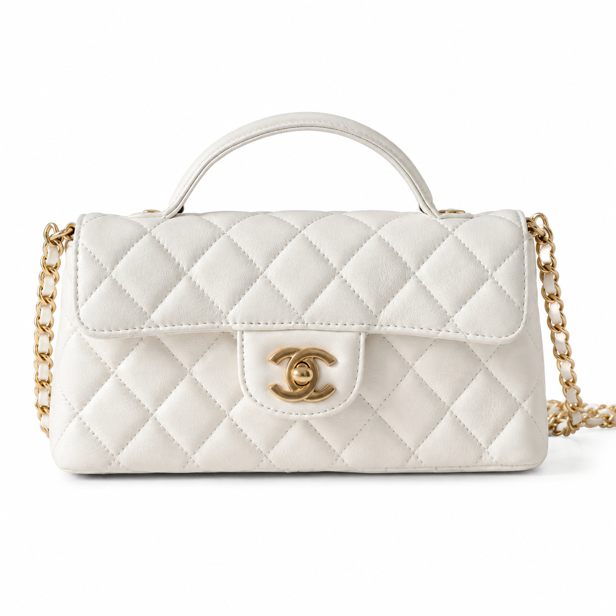 Chanel White Lambskin Quilted Mini Flap Bag | CHANEL PARIS Gold Padlock Clasp & Gold Chain
