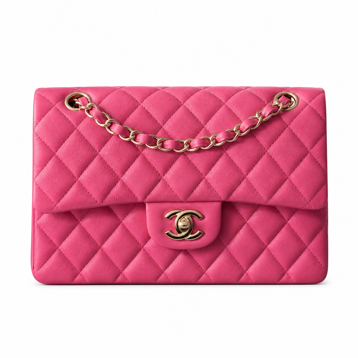 Chanel CC Quilted Lambskin Flap Bag | Hot Pink & Gold Lock — 23cm