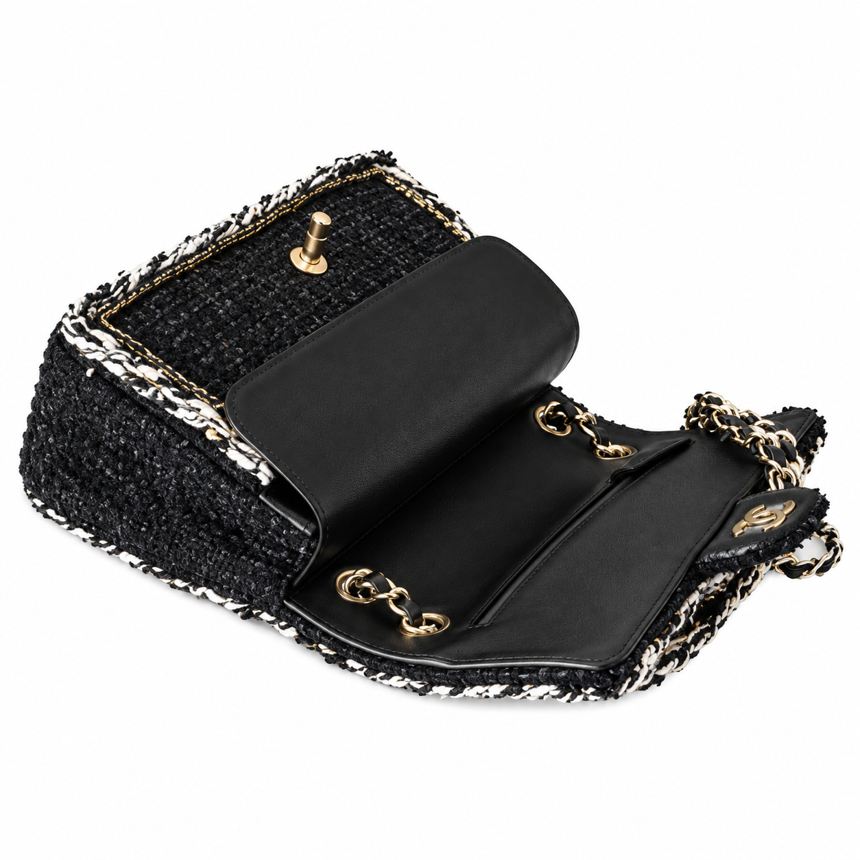 Chanel Classic Double Flap Tweed Black Gold White Trim 25cm