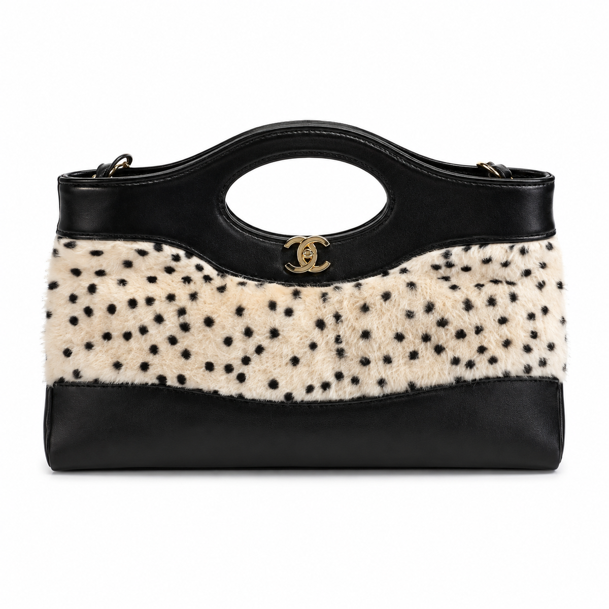 Chanel Dalmatian Spotted Shearling Tote | Circular Black Patent Handle & Gold CC Turn-Lock