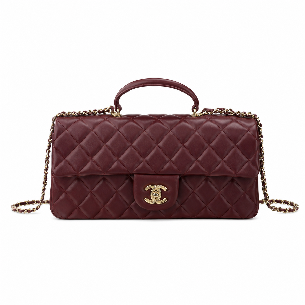 Chanel Oxblood Large Diamond-Quilted Lambskin Flap Bag | Top Handle & Tonal Chain