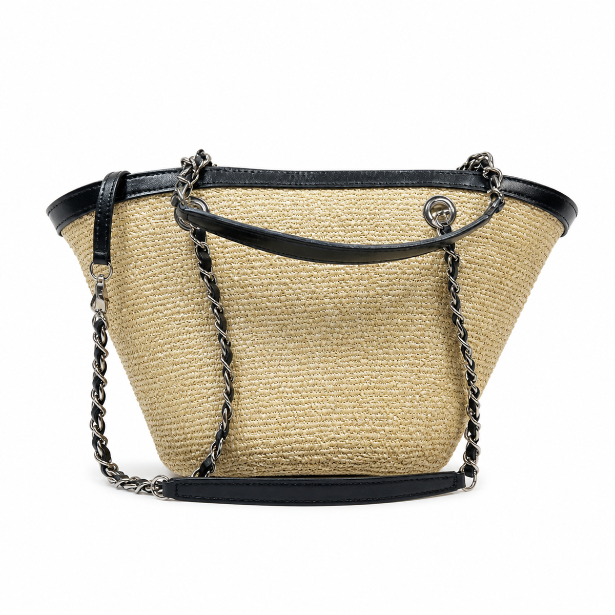 Chanel Small Basket Bag Natural Raffia & Black Quilted Lambskin | Silver CC Turn-Lock — 41cm