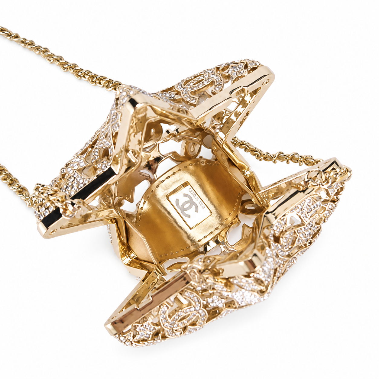 Chanel CC Pavé Crystal Star Minaudiere | Gold Filigree & Chain — 13cm
