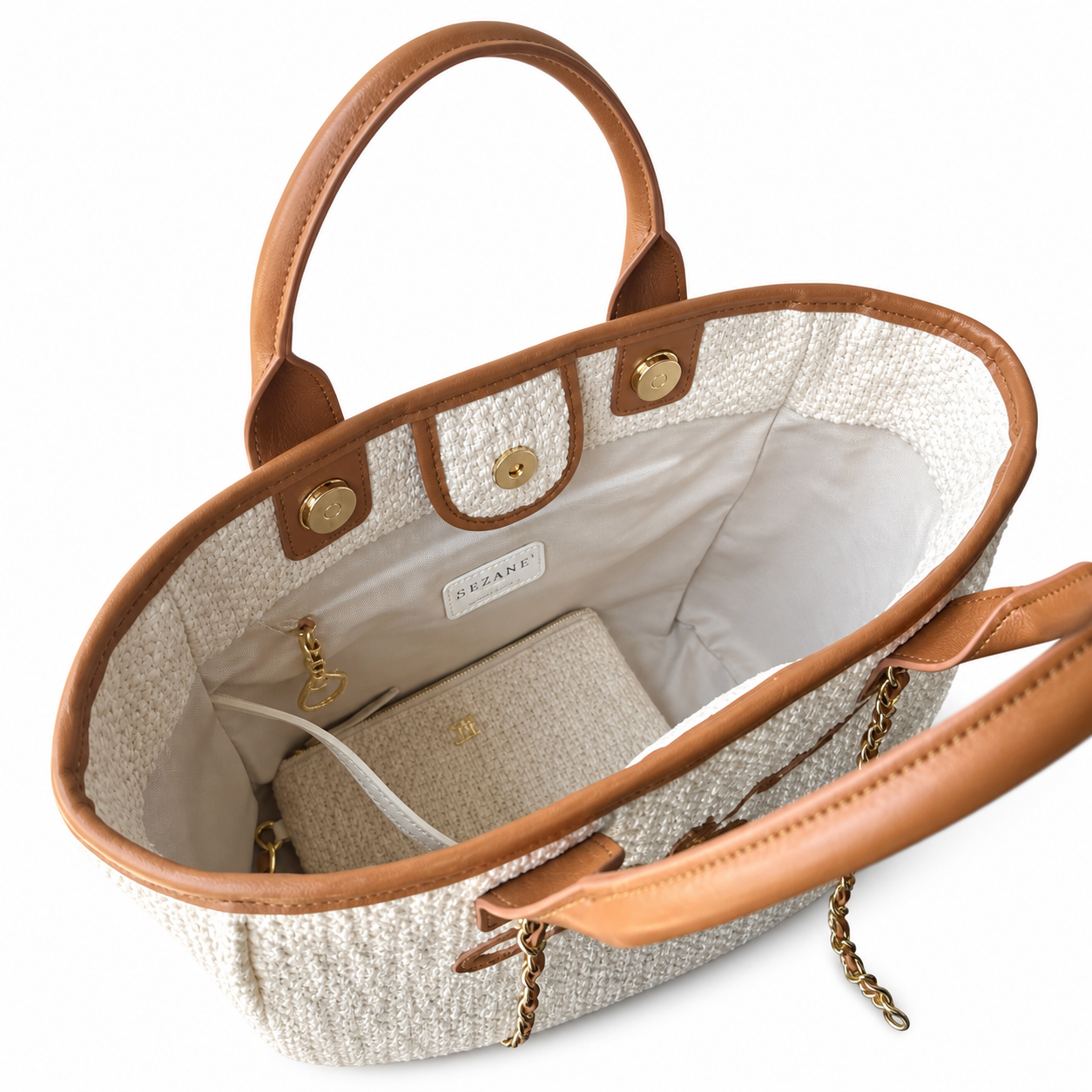 Chanel Deauville Tote Ivory Bouclé | Tan Leather CHANEL CC PARIS Appliqué & Gold Coin — 33cm