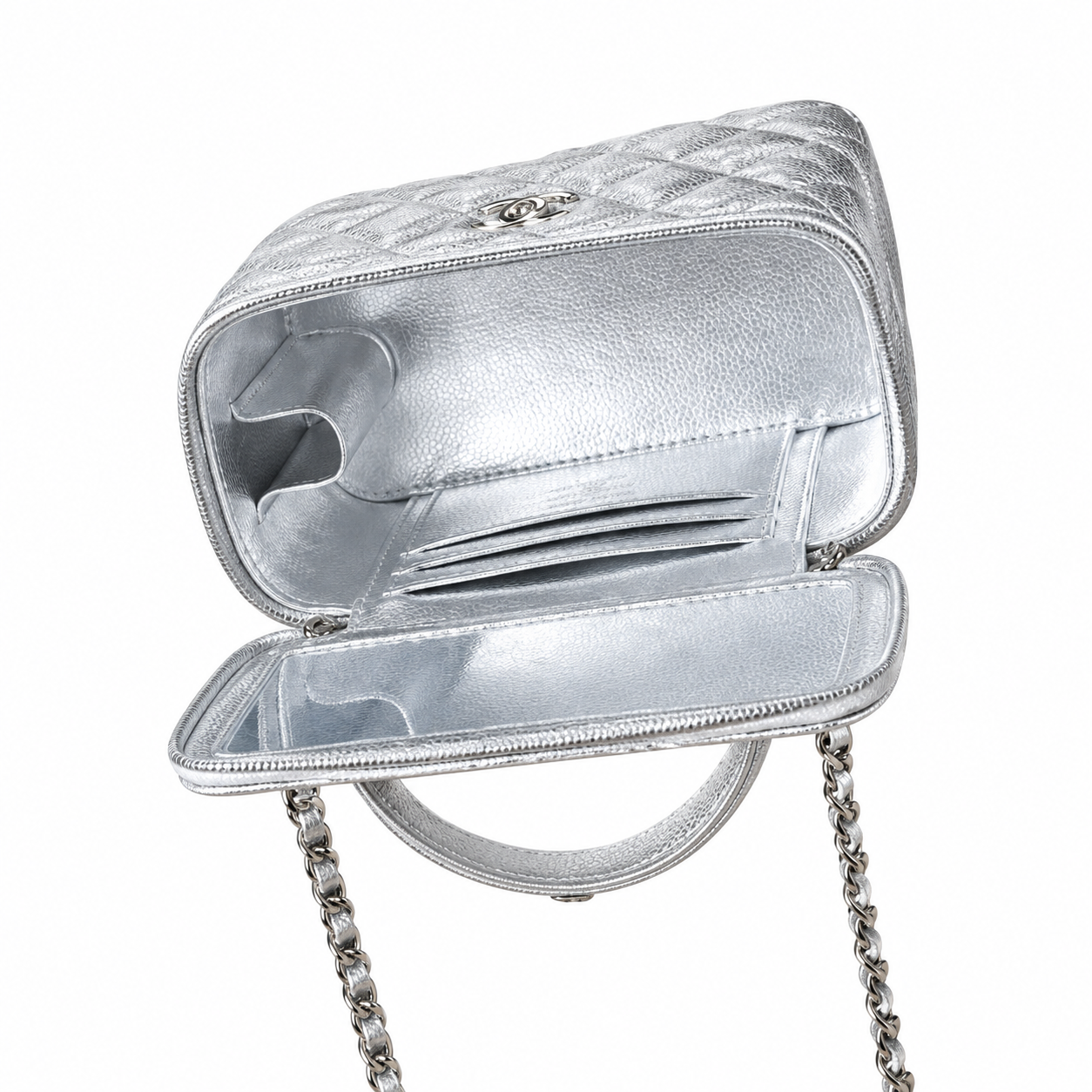 Chanel CC Embossed Metallic Caviar Vanity Case Silver 17cm