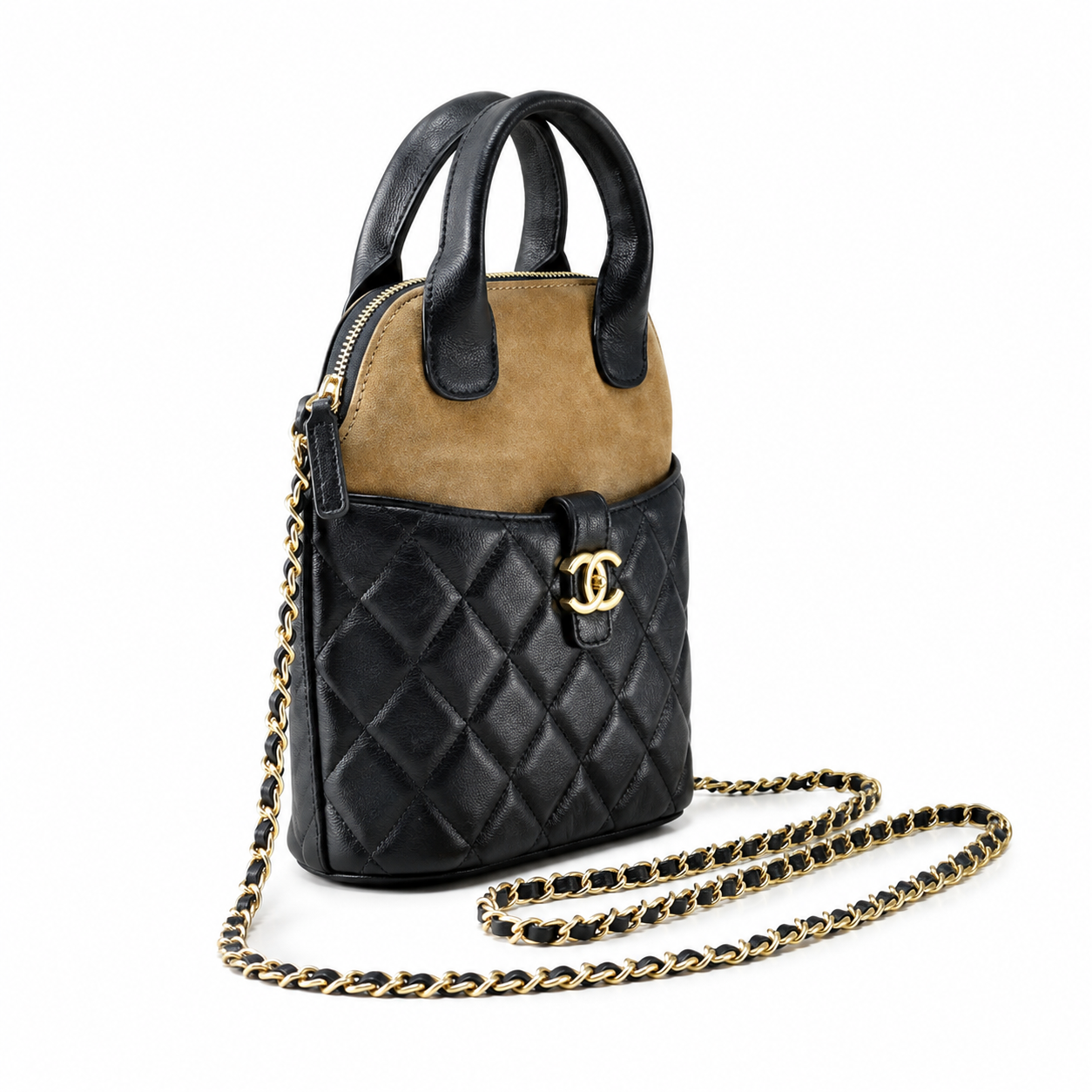 Chanel Black Quilted Lambskin Mini Bucket Bag | D-Ring Top Handle, Bare Gold Chain & Oval Quilted Base