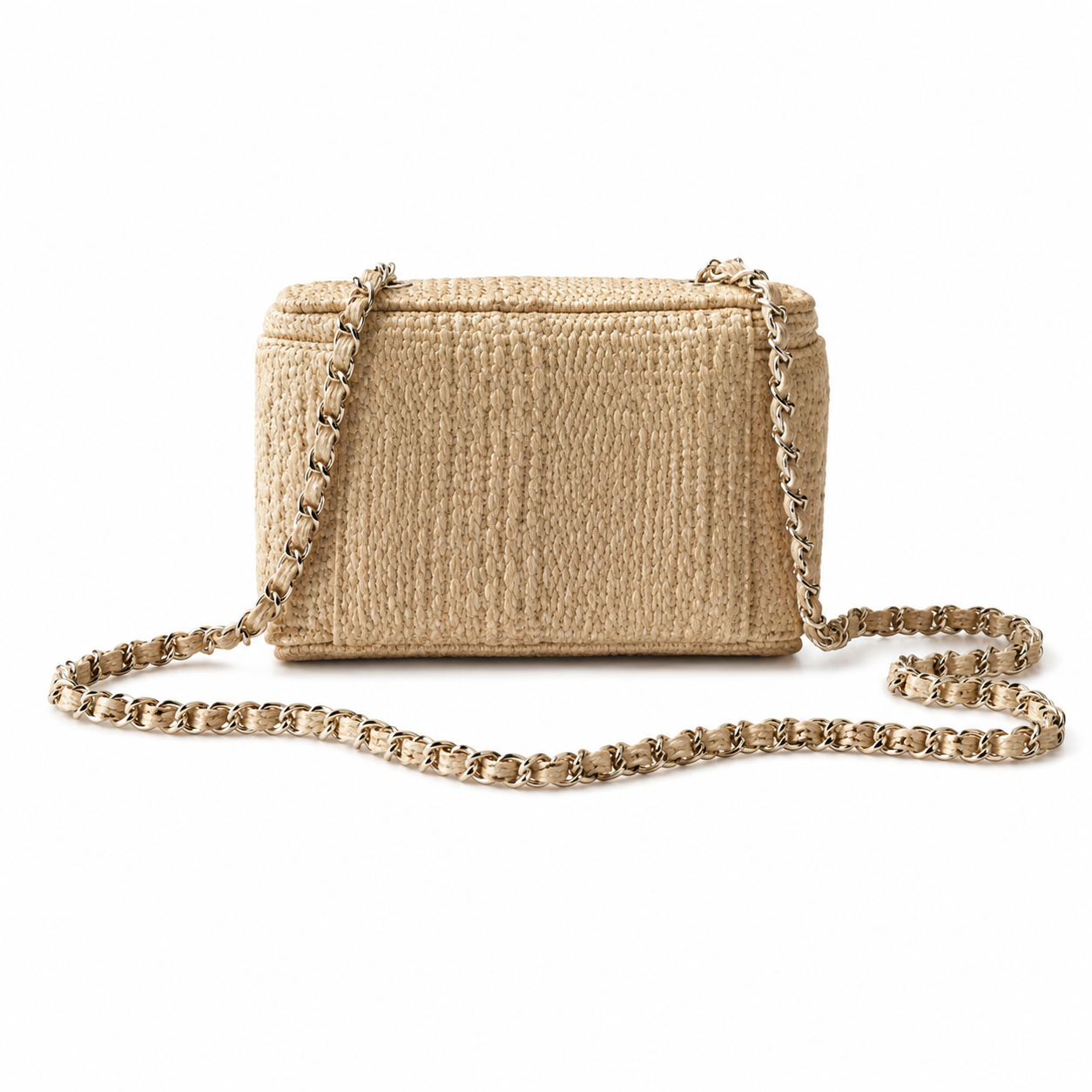 Chanel Natural Raffia Woven Vanity Case | Built-In Mirror, Gold CC Logo & Chain Strap