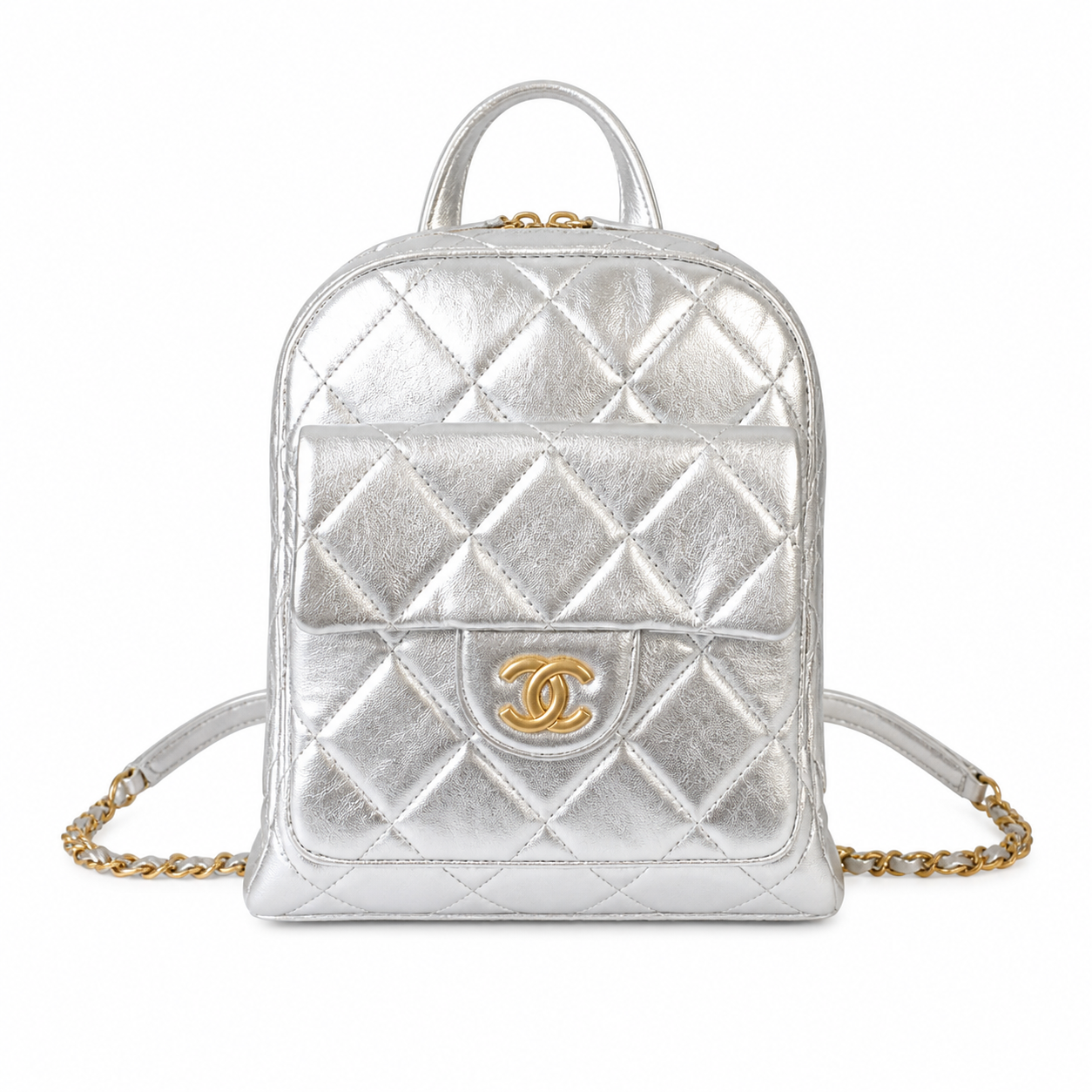 Chanel Metallic Quilted Mini Backpack | Gold Chain Silver Leather — 22cm