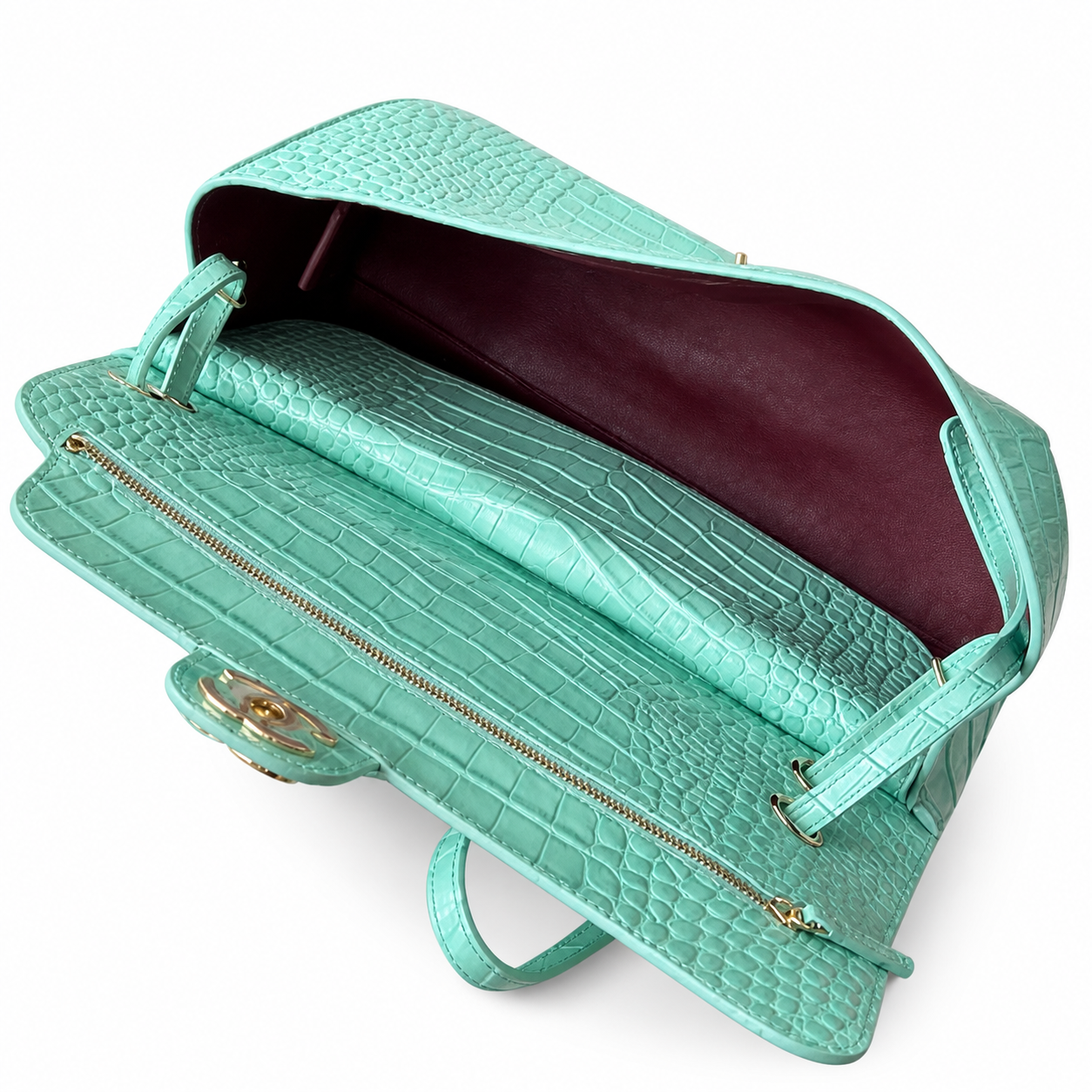 Chanel Classic Double Flap Bag Mint Turquoise Crocodile-Embossed Leather | Gold CC — 32cm