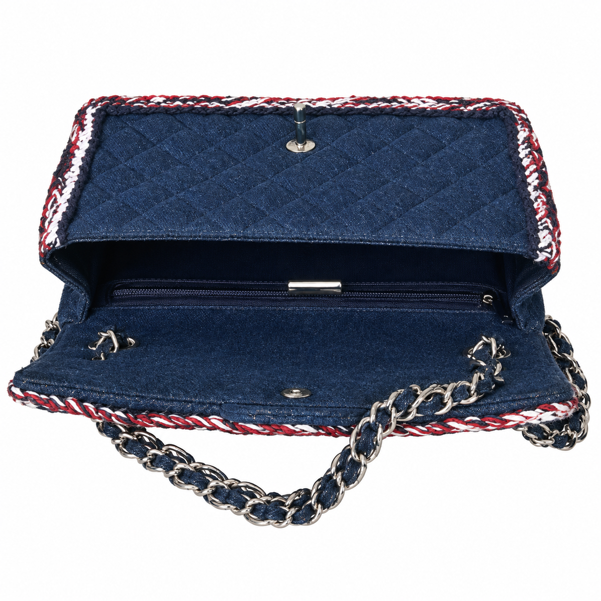 Chanel Quilted Navy Denim Flap Bag Multicolor Braid Trim 25cm