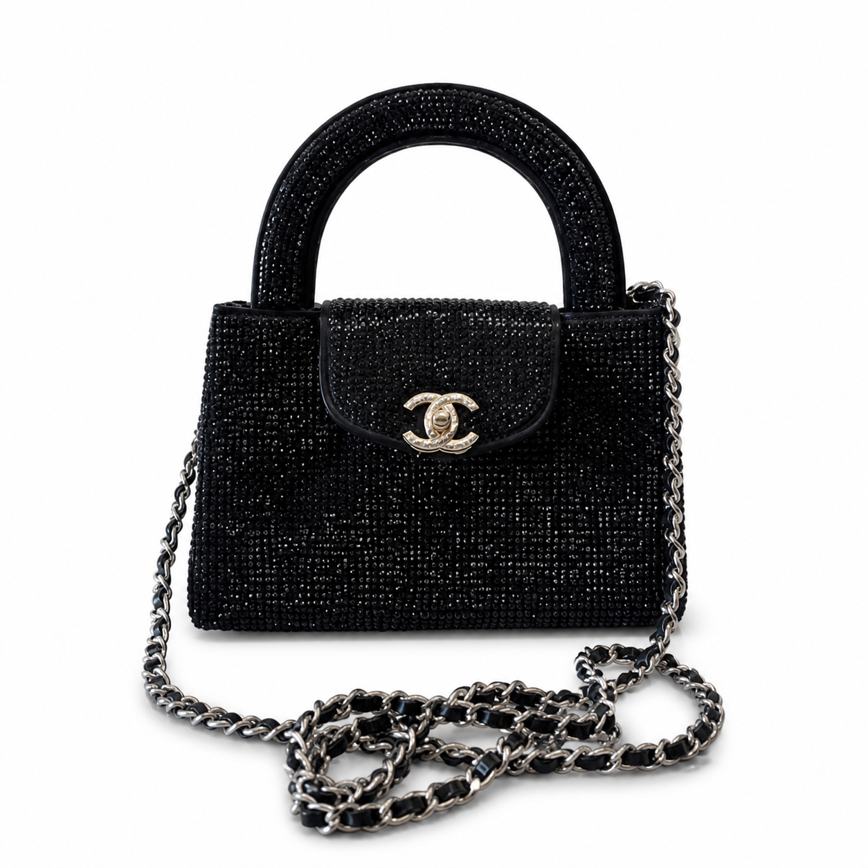 Chanel Black Crystal Mini Top-Handle Flap | Crystal Arch Handle & Silver Chain — 19cm