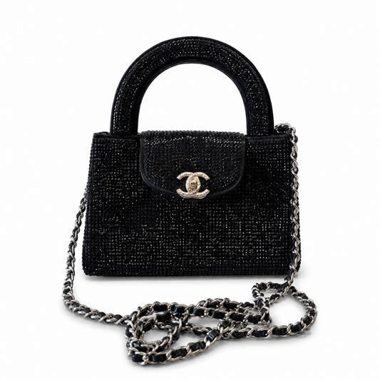 Chanel Black Crystal Mini Top-Handle Flap | Crystal Arch Handle & Silver Chain — 19cm