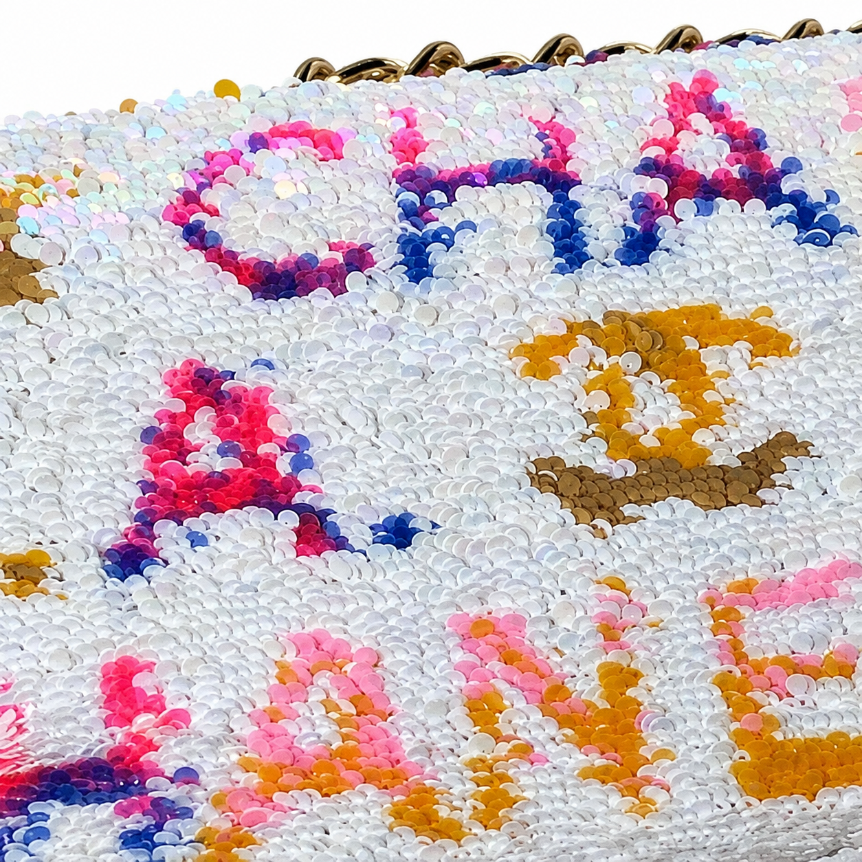 Chanel White Sequin Multicolour Text Flap Bag | CHANEL PARIS COCO LA DISCO, White Camellia Charm & Gold Chain