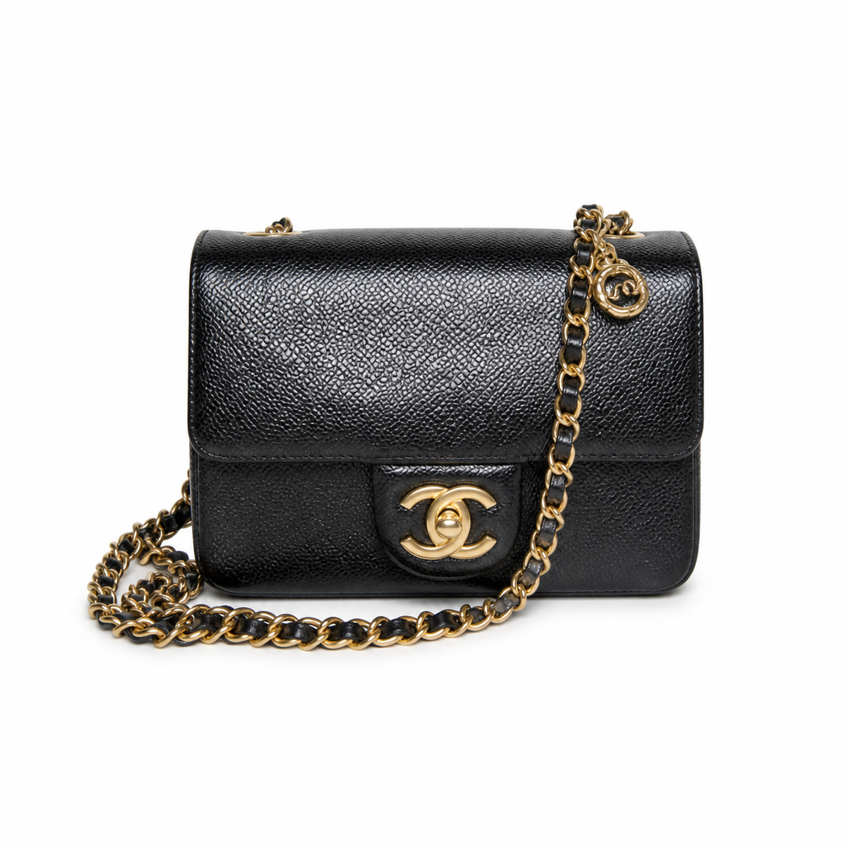 Chanel Mini Flap Bag Black Caviar Leather | Double CC Charm & Aged Gold CC — 17.5cm