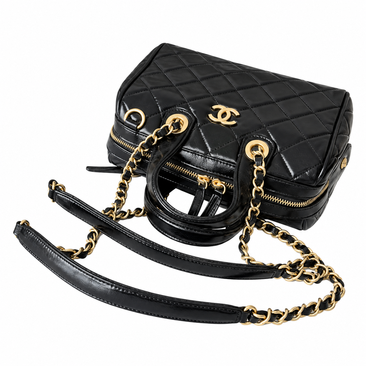 Chanel Quilted Aged Calfskin Bowling Bag Black Gold CC 21cm