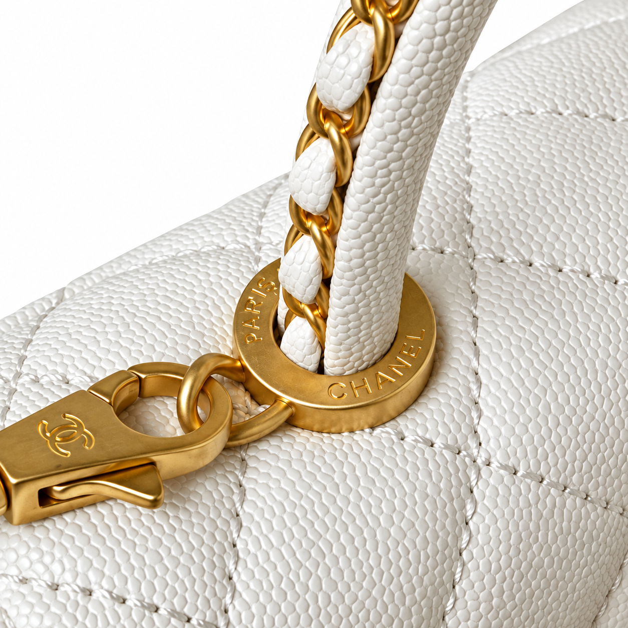 Chanel Coco Handle Quilted Caviar Top Handle Bag White 23cm