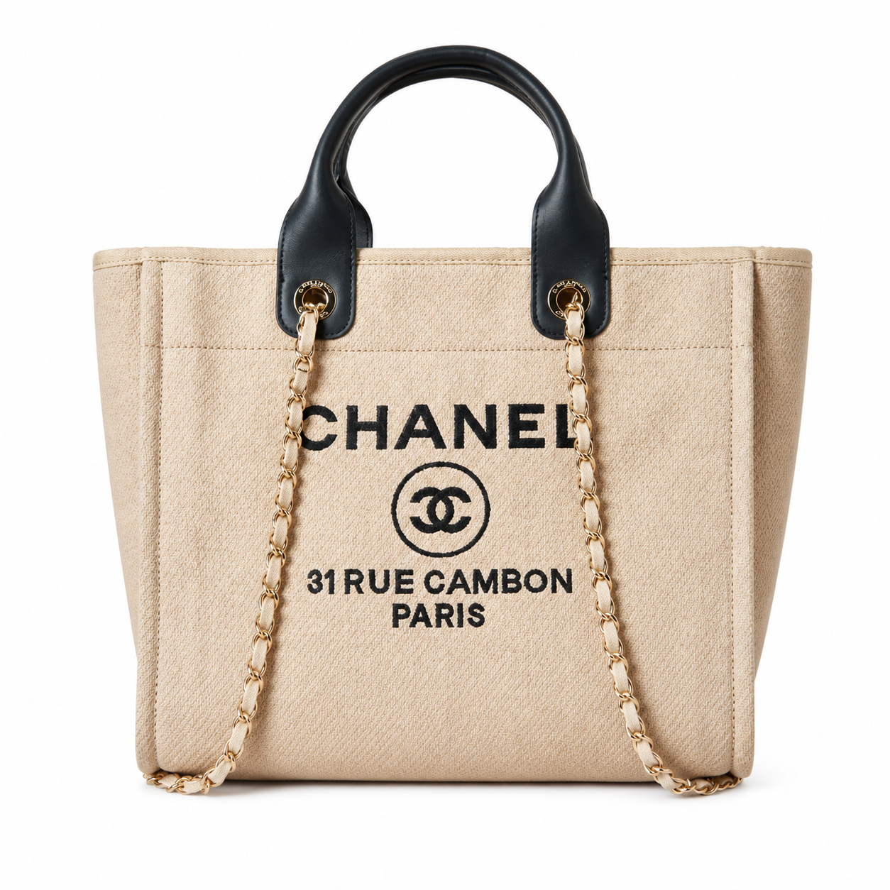 Chanel Deauville Large Tote Natural Ecru Canvas | CHANEL 31 Rue Cambon Paris Print — 39cm