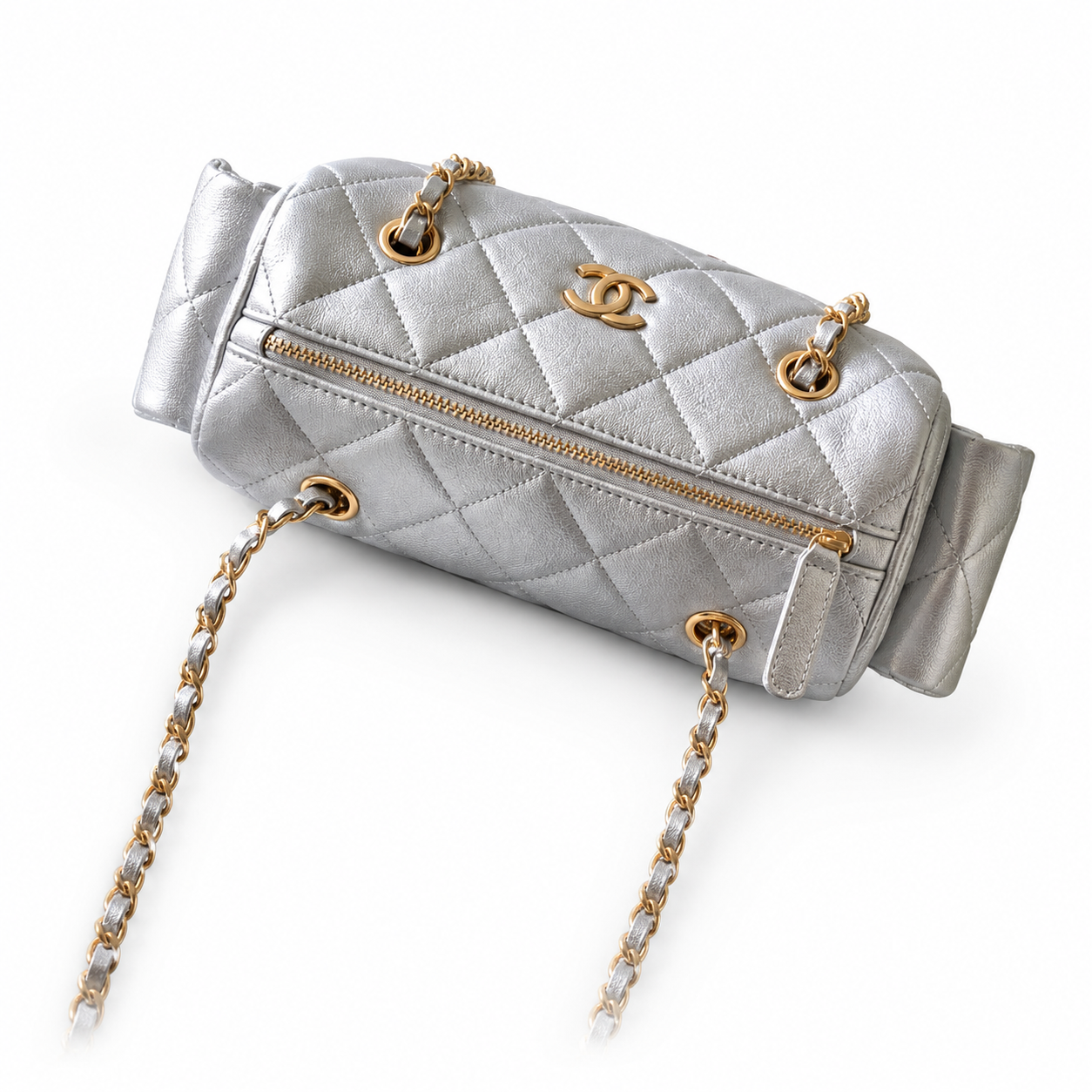 Chanel Metallic Silver Crinkled Leather Quilted Camera Bag | Gold CC, Mixed-Metal Chain & Side Pockets