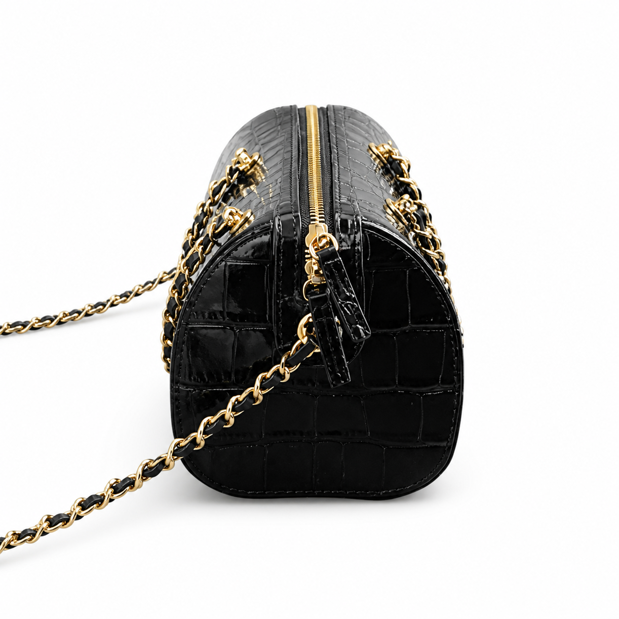 Chanel Black Croc-Embossed Mini Bowling Bag | Dual Gold Zippers — 19cm