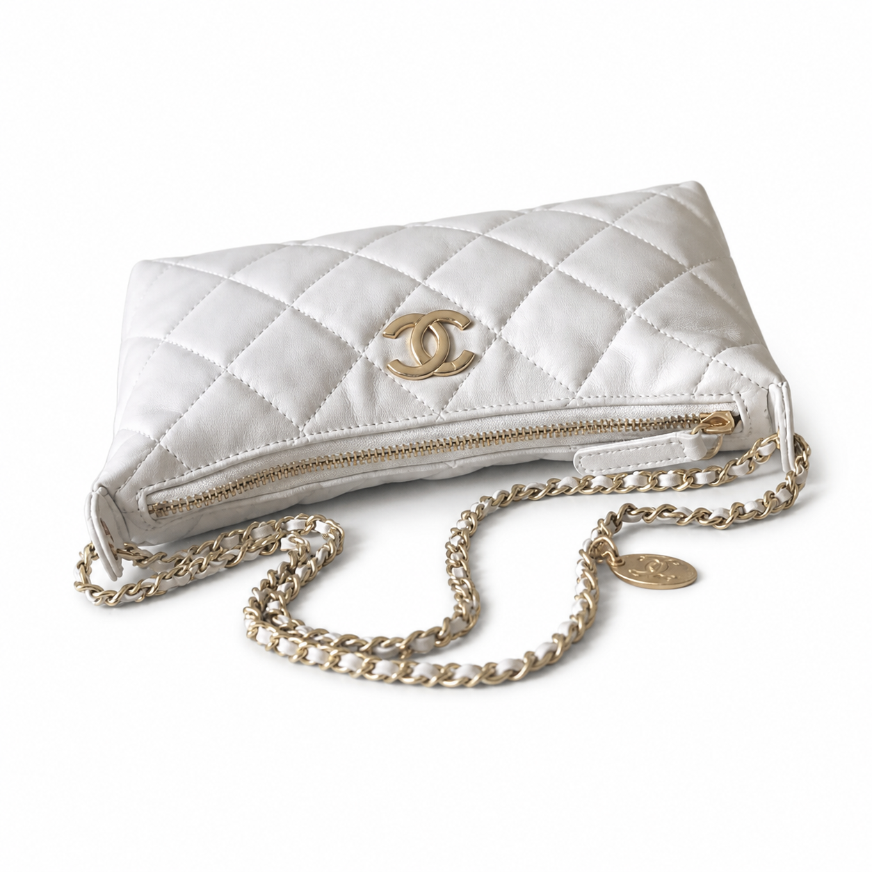Chanel White Quilted Lambskin Hobo | Draped Gold Chain & Quilted Oval Charm — 26cm