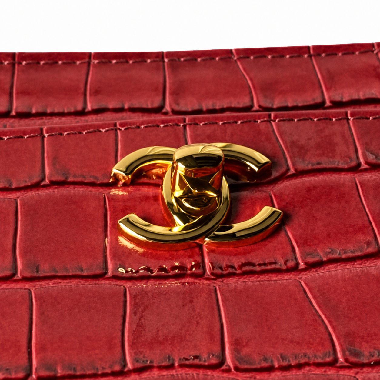 Chanel Crimson Patent Croc-Embossed Large Tote | Detachable Gold Chain & CC Disc — 39cm