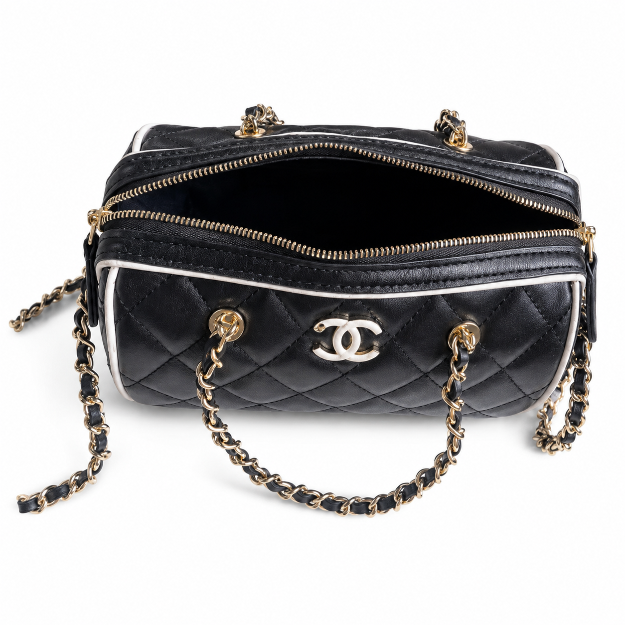 Chanel Quilted Barrel Bag | CC Logo Gold Chain Black White — 11.5x18.5cm