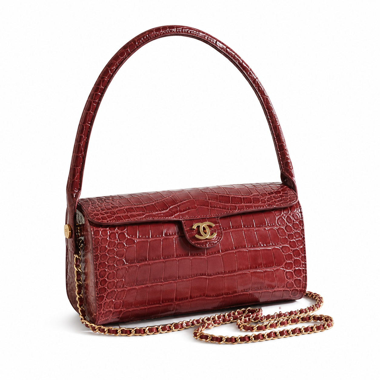 Chanel CC Croc-Embossed Cylindrical Flap Bag | Burgundy & Gold — 23cm