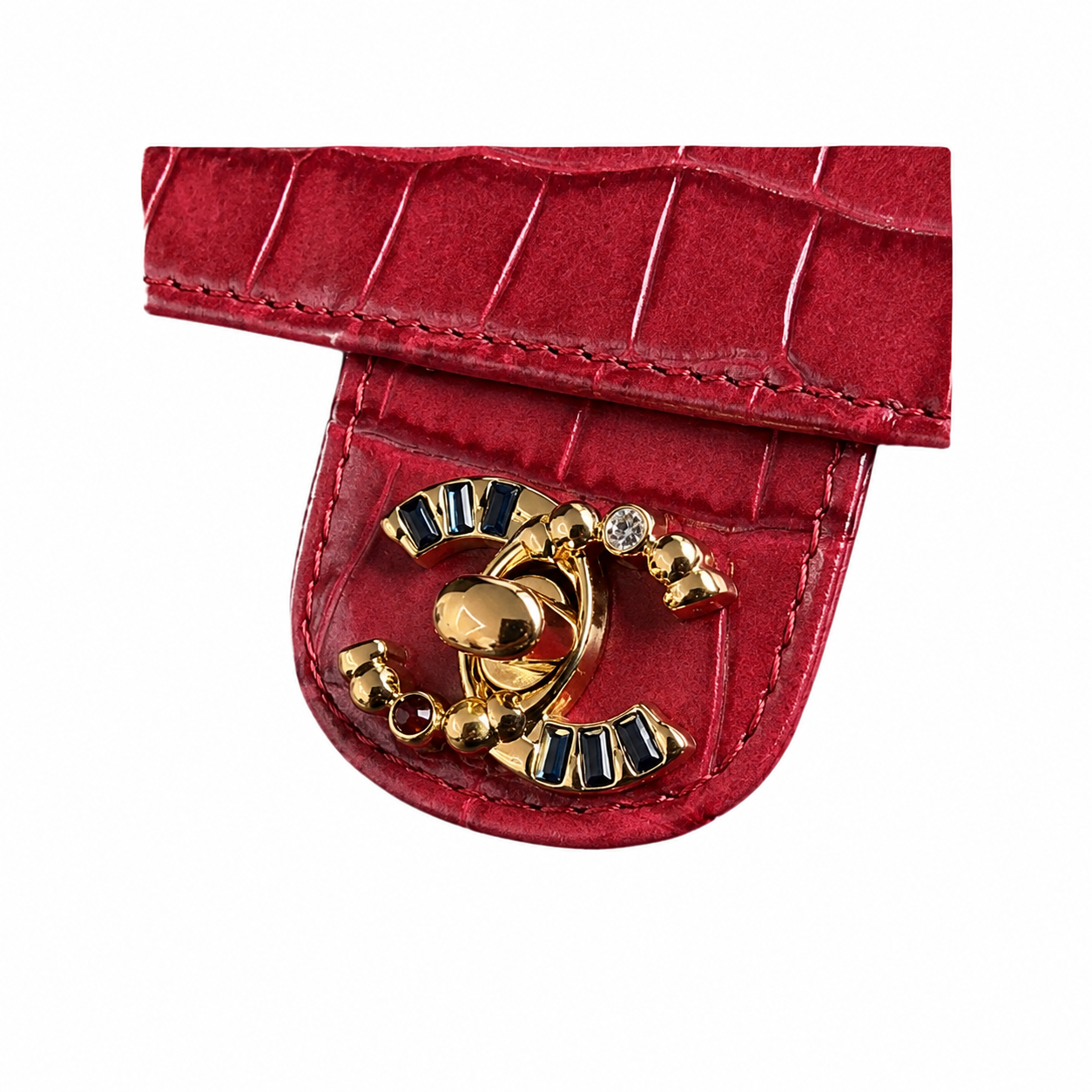 Chanel Ruby Red Croc-Embossed Flap Bag | Gold Bar Push-Lock & Multi-Stone Jewelled Tassel