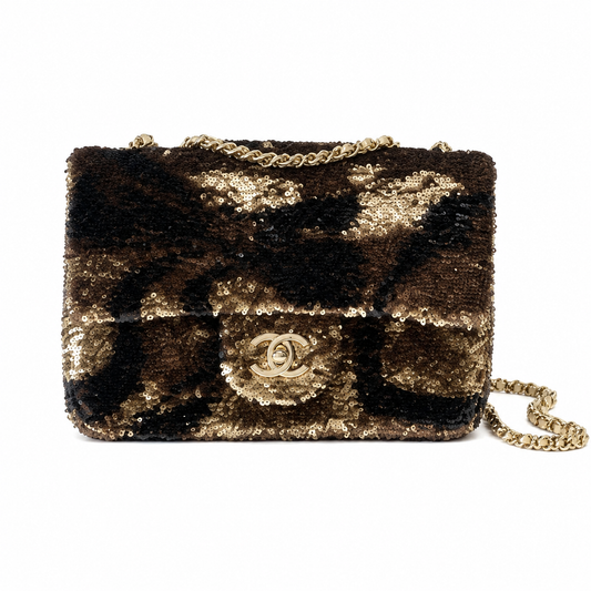 Chanel Black & Gold Tiger-Stripe Sequin Medium Flap Bag | Gold Silk Lining, Nude Piping & CC Turn-Lock