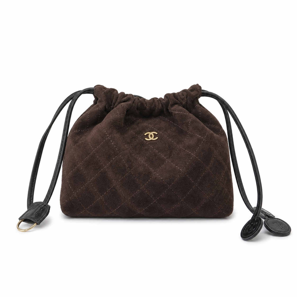 Chanel Chocolate Quilted Suede Drawstring Bucket | Black Cords & Bordeaux Interior — 22cm
