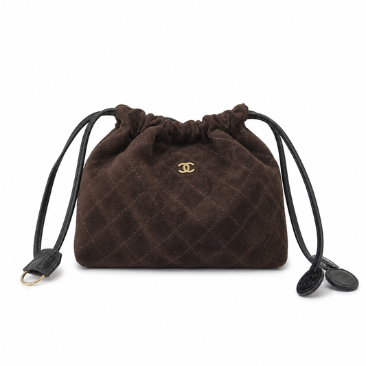 Chanel Chocolate Quilted Suede Drawstring Bucket | Black Cords & Bordeaux Interior — 22cm
